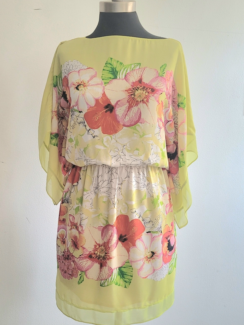 BCBGMaxAzria Lemon Yellow Floral Chiffon Dress